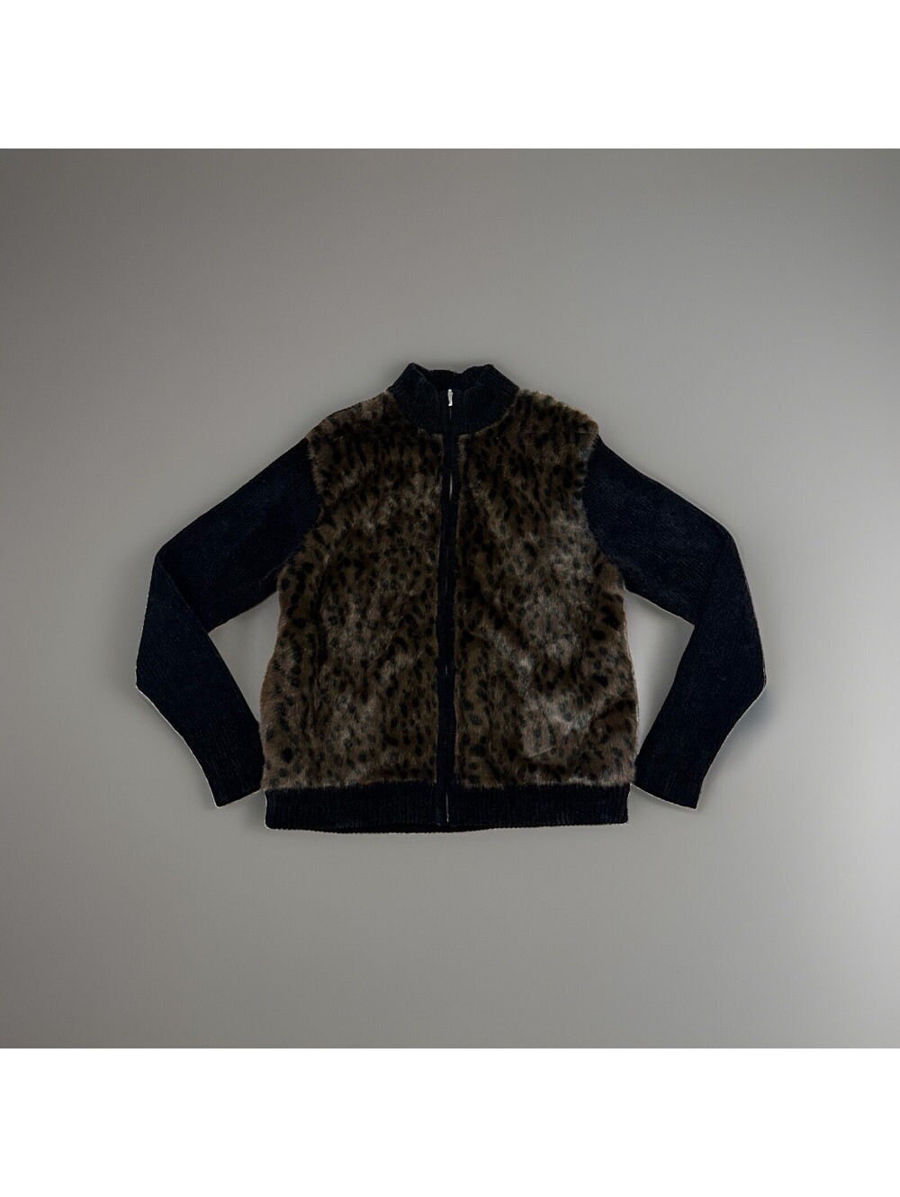 Vintage Victoria Harbour Faux Fur Leopard Print Knit Zip Jacket - Size M